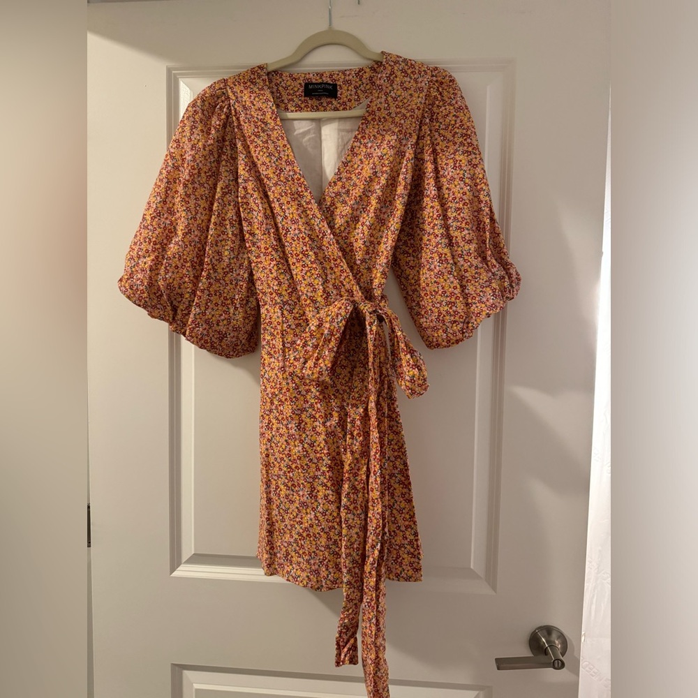 MINK PINK wrap tie waist puff sleeve dress